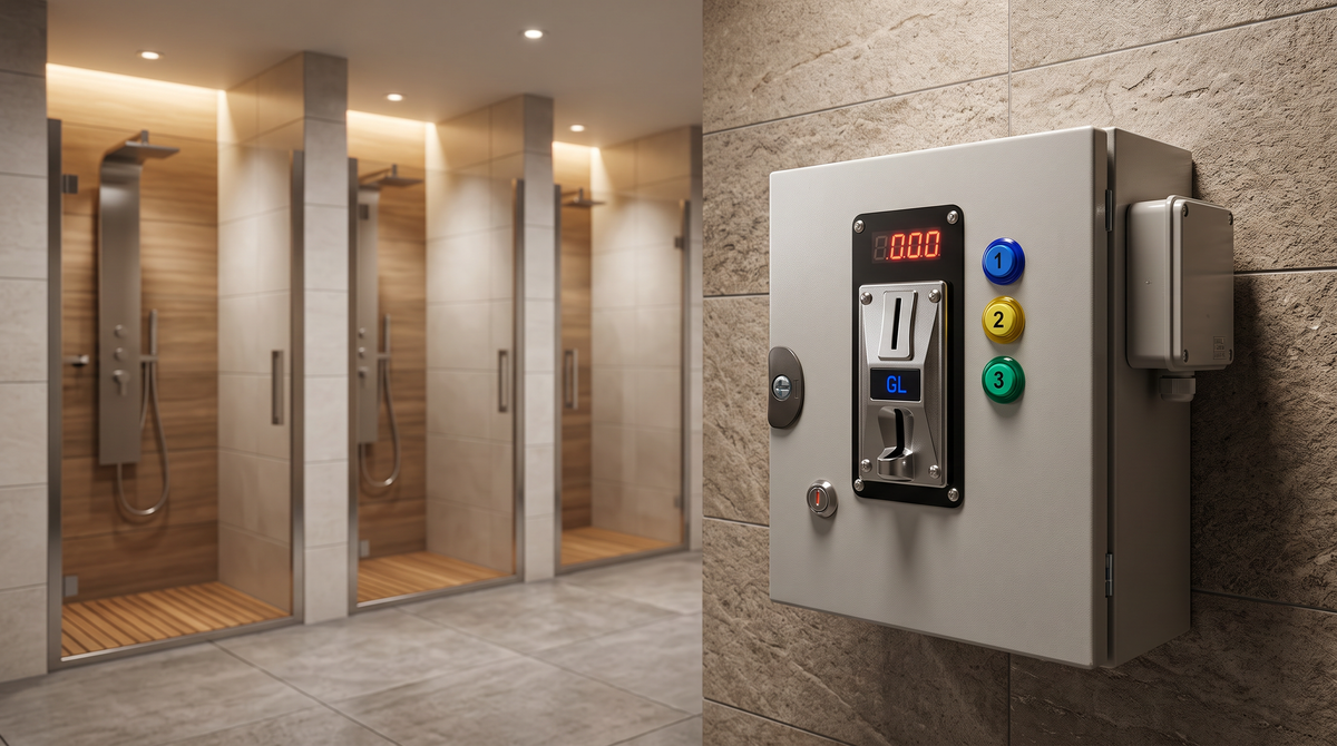 Sistema multimoneda para 3 duchas en instalación profesional