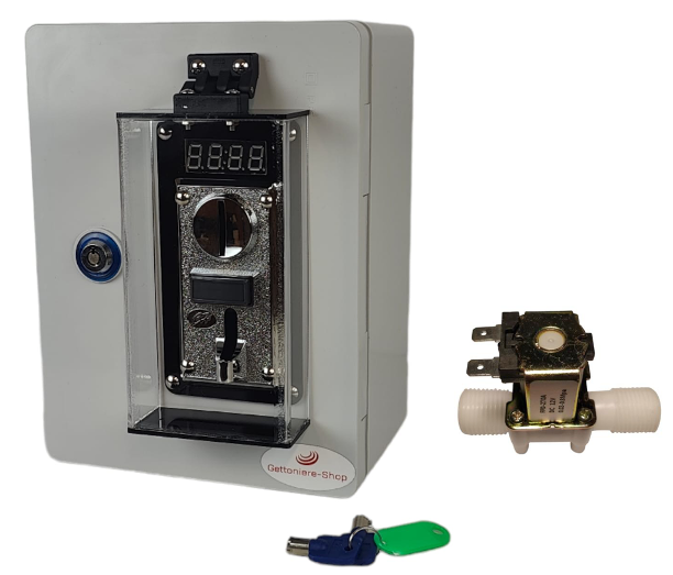Monedero con display digital, electroválvula y llave de apertura – sistema de pago para ducha