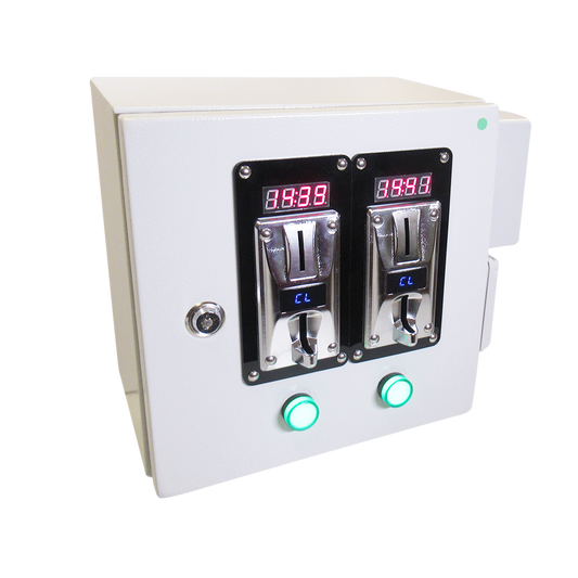 Con esta monedero temporizado podrá controlar y hacer de pago 2 sistemas de iluminación distintos a 230V, cada uno con una carga máxima de 3500W.
 FRONTAL