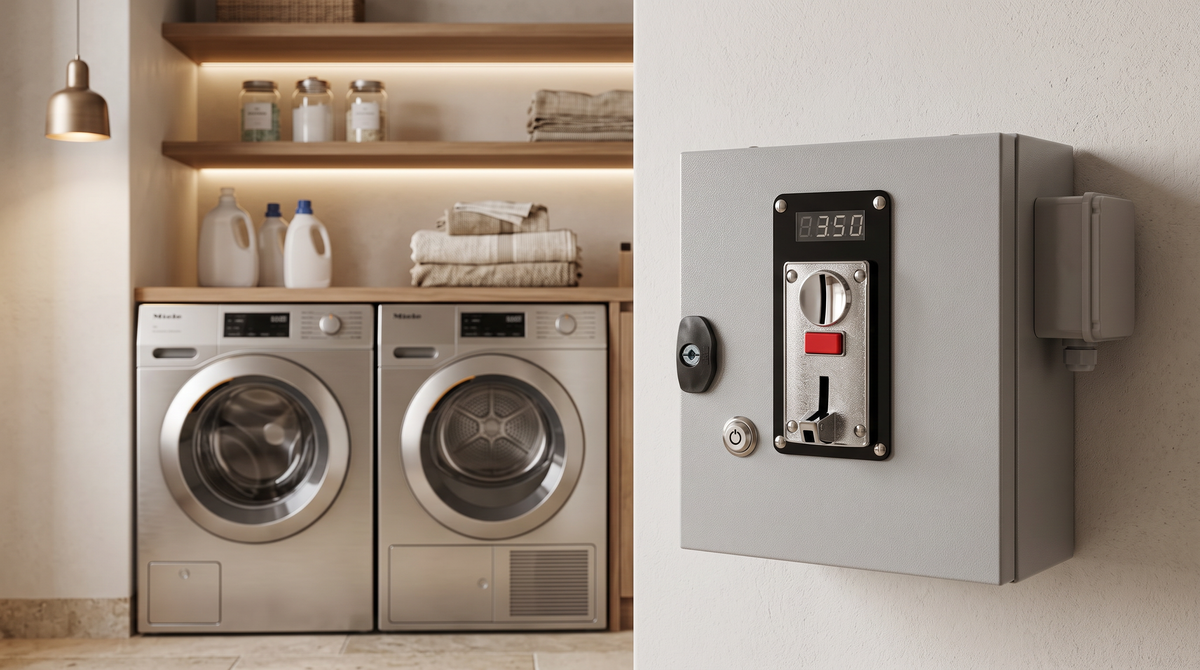 Monedero para una lavadora o secadora en lavandería compartida moderna