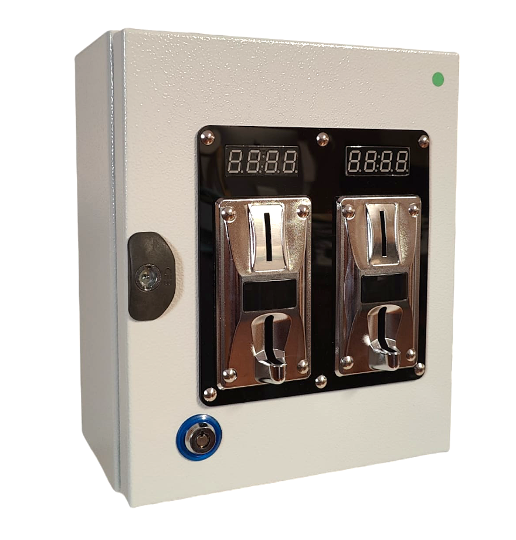 Monedero electrónico para 2 dispositivos de 12V con lector de monedas, pantalla digital y botones de activación detalles