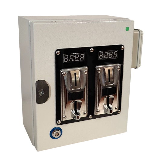 Monedero electrónico para 2 dispositivos de 12V con lector de monedas, pantalla digital y botones de activación frontal