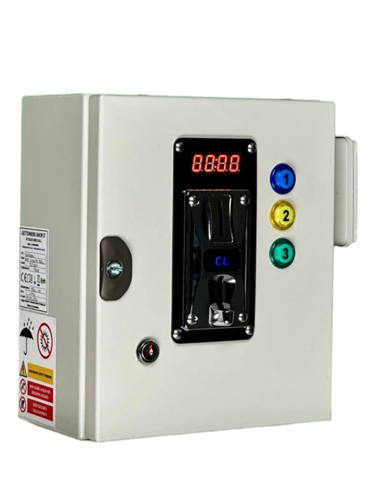 Monedero electrónico para 3 dispositivos de 12V con lector de monedas, pantalla digital y botones de activación detalles